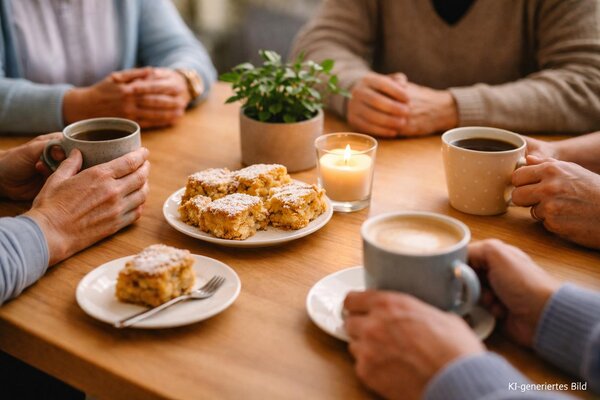 Man sieht fünf Menschen an einem Tisch sitzen. Sie trinken Kaffee und Tee. Dazu essen sie Kuchen. Auf dem Tisch steht eine Topfpflanze und eine Kerze, die leuchtet. 